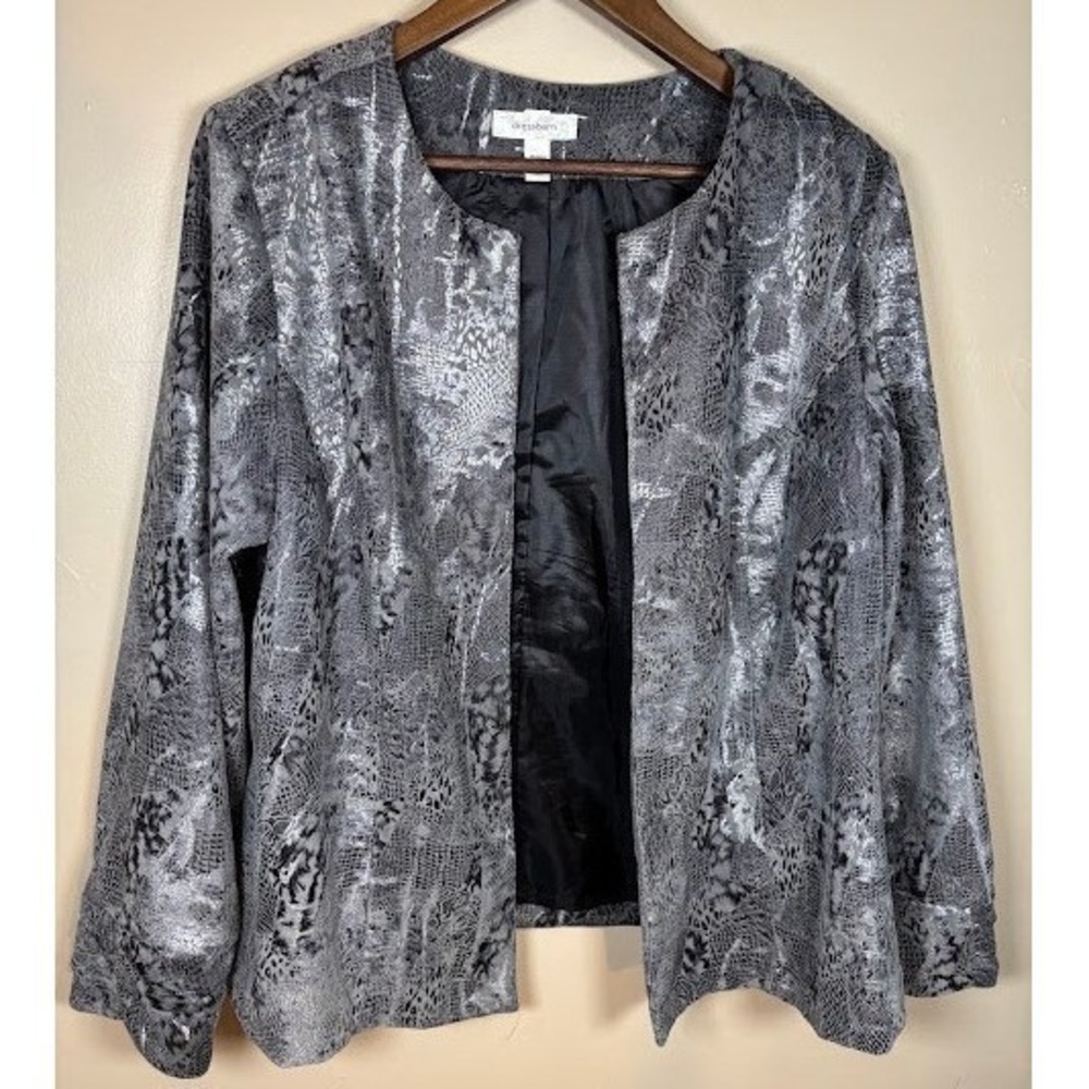 Dressbarn Silver Metallic Animal Print Open Front Blazer Jacket Plus Size 1X